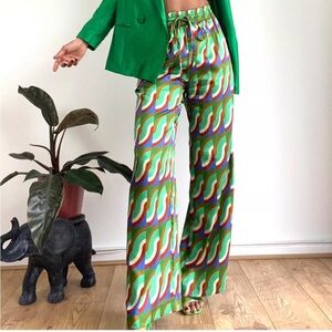 ZARA Wide Leg Geometric Print Satin Trouser Pants with Pockets - Medium